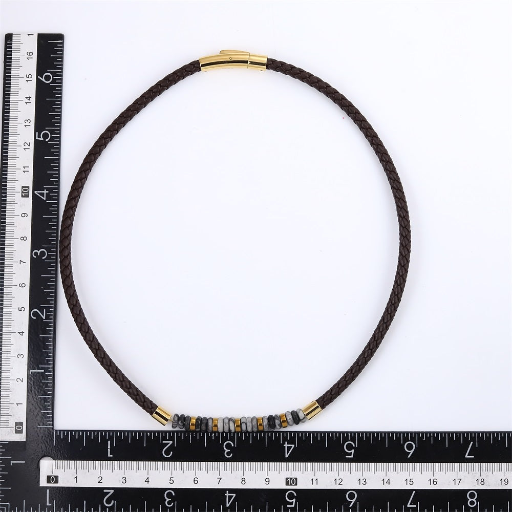 NSS1054 STAINLESS STEEL LEATHER NECKLACE WITH NATURAL BEAD & HEMATITE