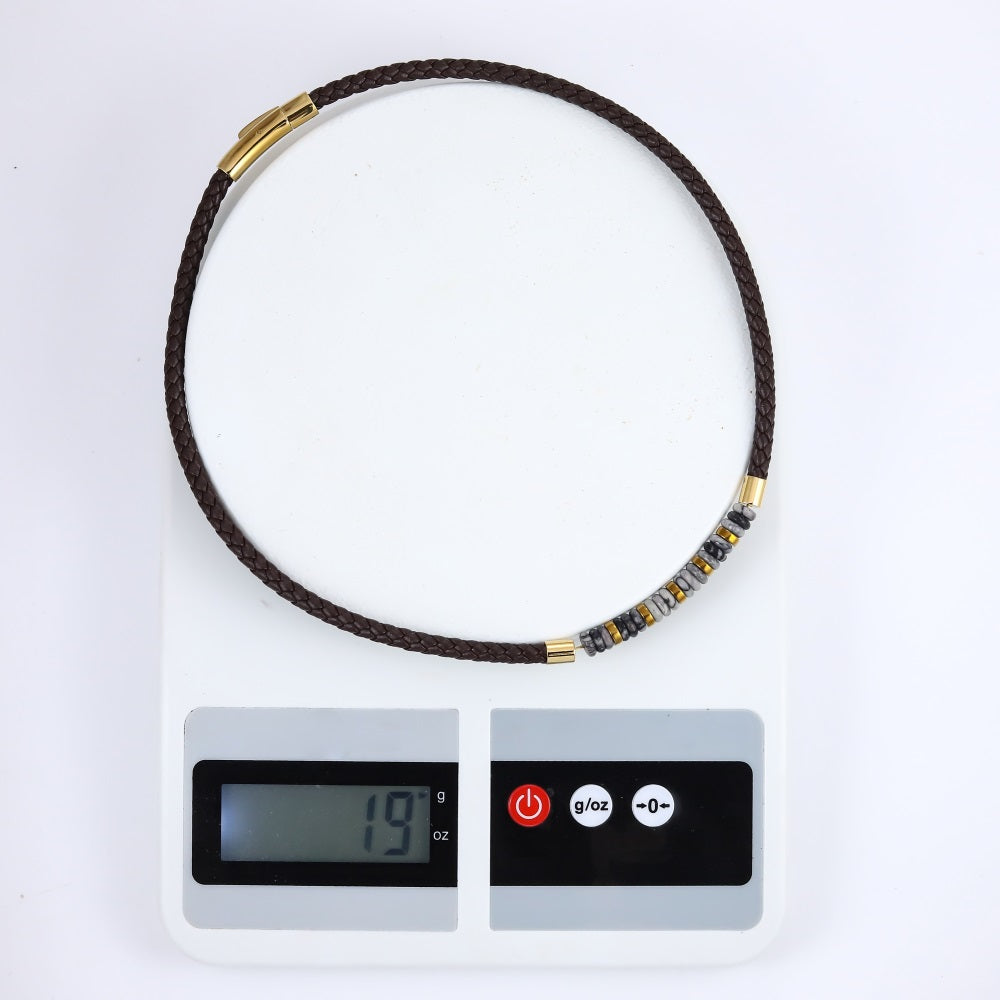 NSS1054 STAINLESS STEEL LEATHER NECKLACE WITH NATURAL BEAD & HEMATITE