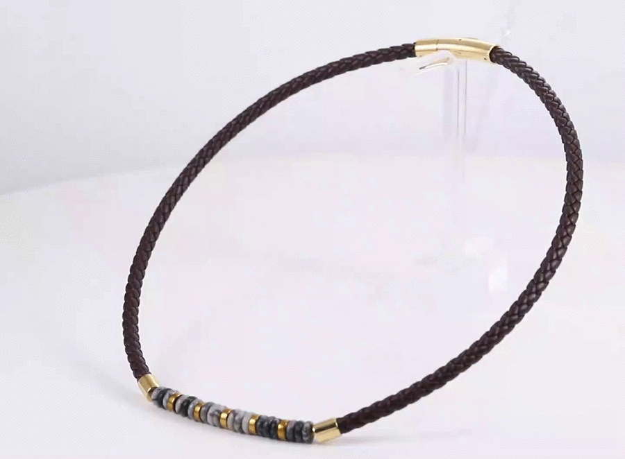 NSS1054 STAINLESS STEEL LEATHER NECKLACE WITH NATURAL BEAD & HEMATITE