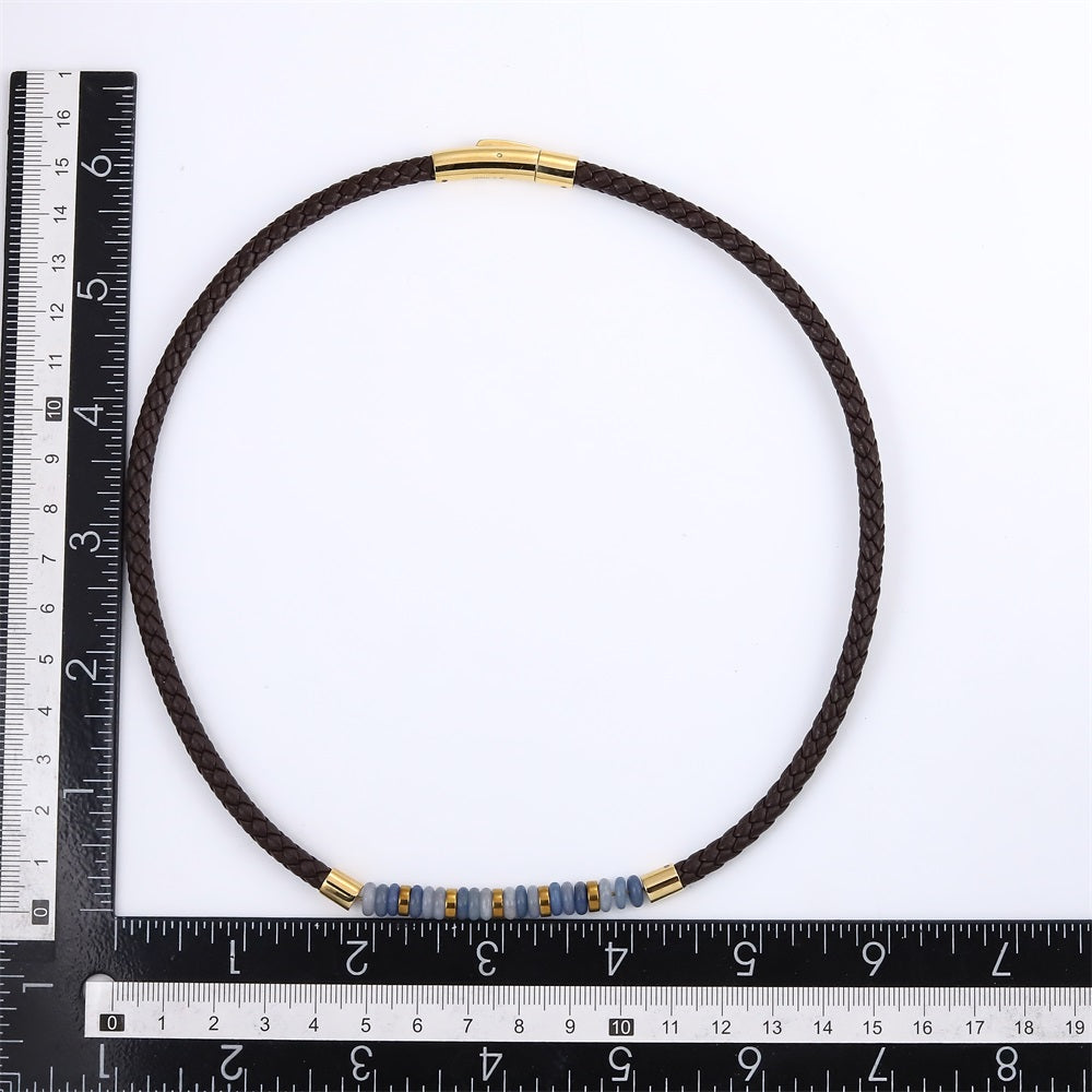 NSS1054 STAINLESS STEEL LEATHER NECKLACE WITH NATURAL BEAD & HEMATITE