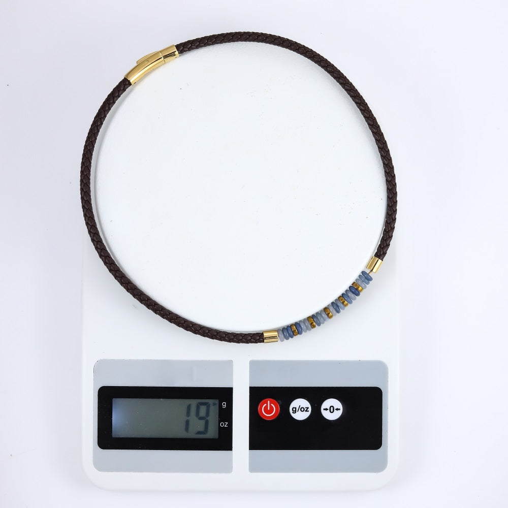 NSS1054 STAINLESS STEEL LEATHER NECKLACE WITH NATURAL BEAD & HEMATITE