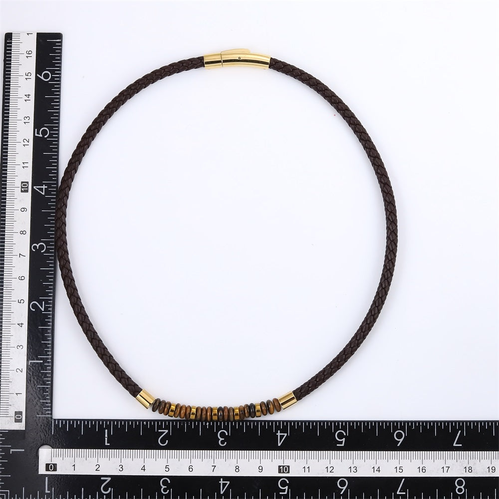 NSS1054 STAINLESS STEEL LEATHER NECKLACE WITH NATURAL BEAD & HEMATITE