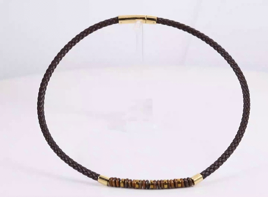 NSS1054 STAINLESS STEEL LEATHER NECKLACE WITH NATURAL BEAD & HEMATITE