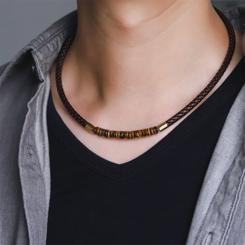 NSS1054 STAINLESS STEEL LEATHER NECKLACE WITH NATURAL BEAD & HEMATITE