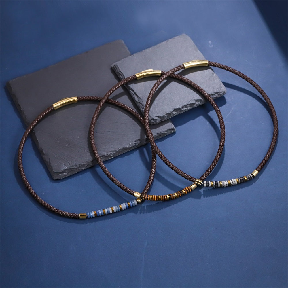 NSS1054 STAINLESS STEEL LEATHER NECKLACE WITH NATURAL BEAD & HEMATITE