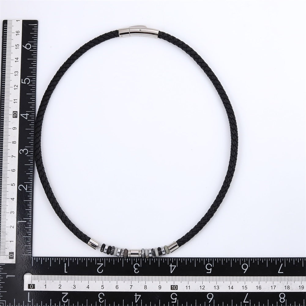 NSS1055 STAINLESS STEEL LEATHER NECKLACE WITH NATURAL BEAD & HEMATITE