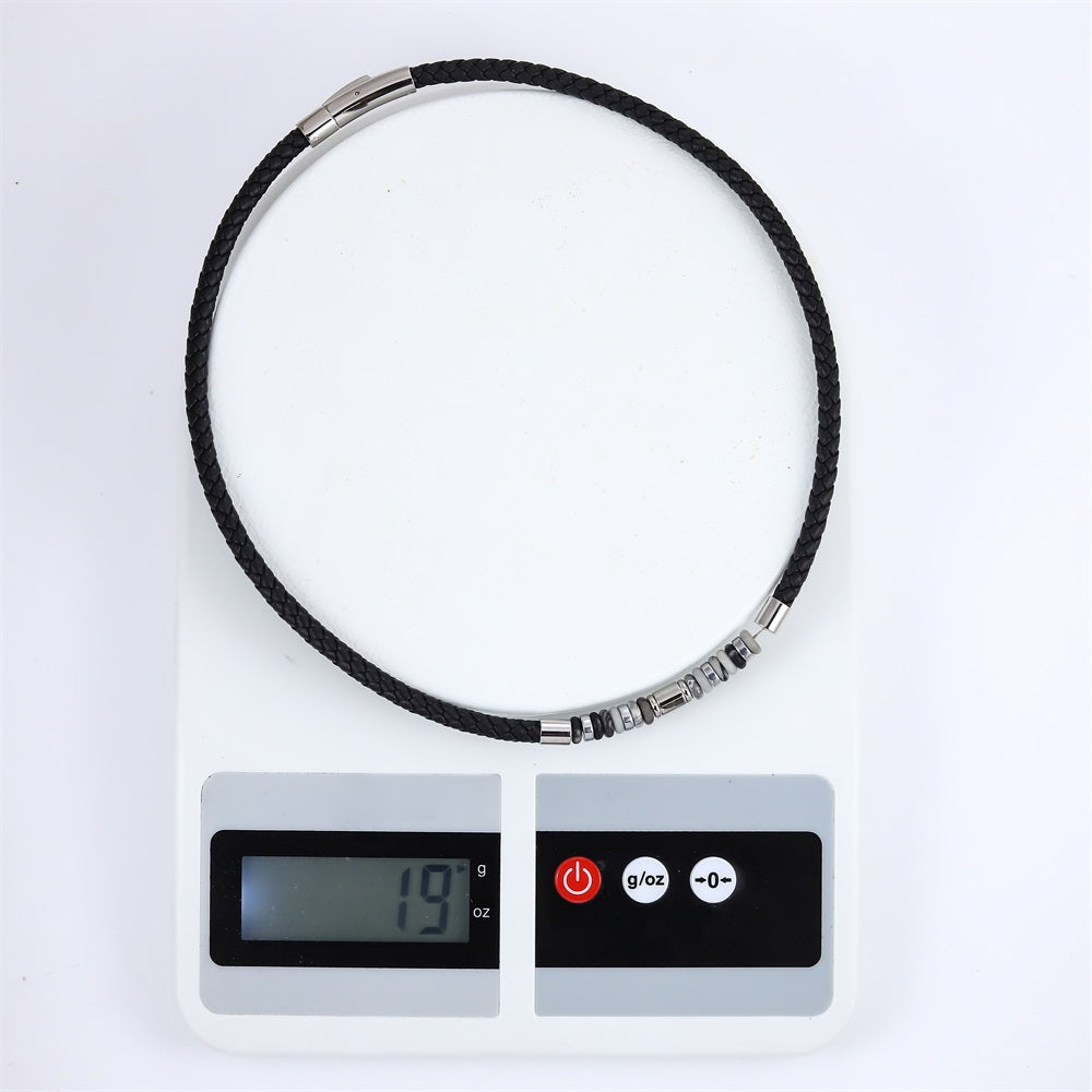 NSS1055 STAINLESS STEEL LEATHER NECKLACE WITH NATURAL BEAD & HEMATITE