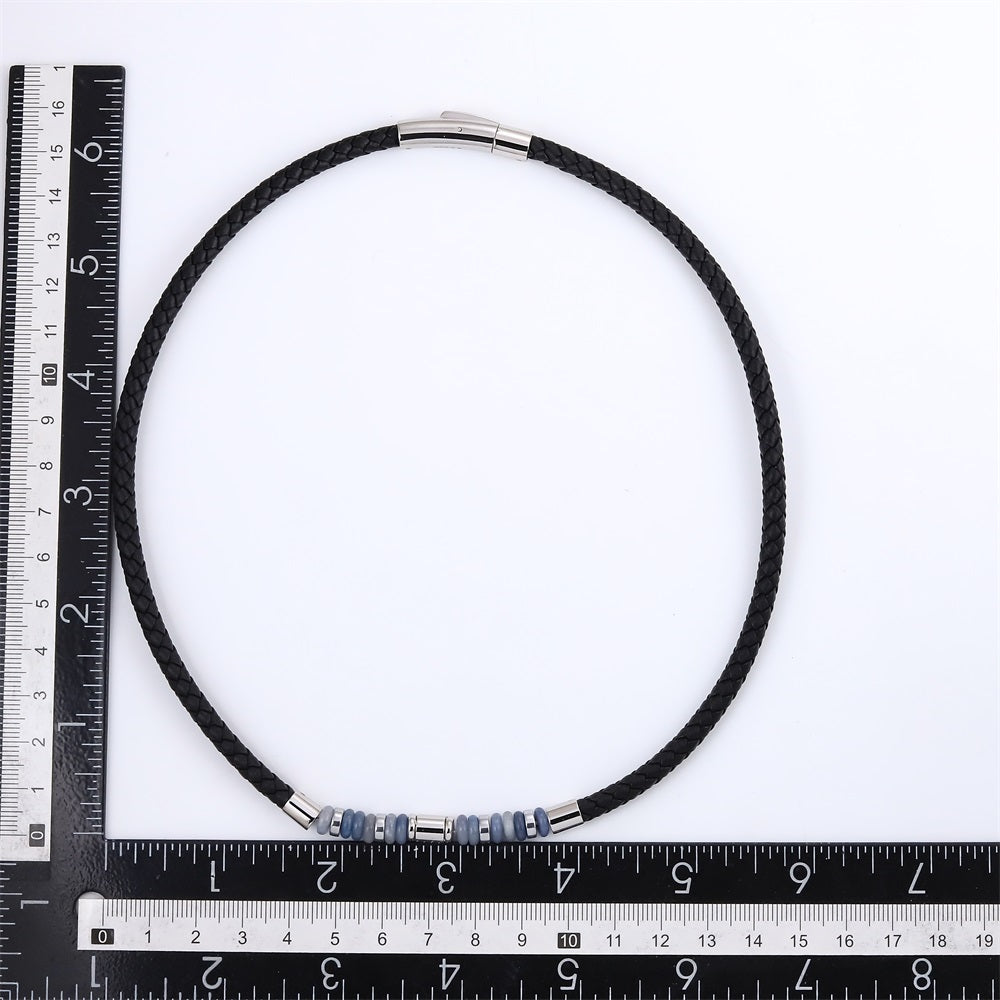 NSS1055 STAINLESS STEEL LEATHER NECKLACE WITH NATURAL BEAD & HEMATITE