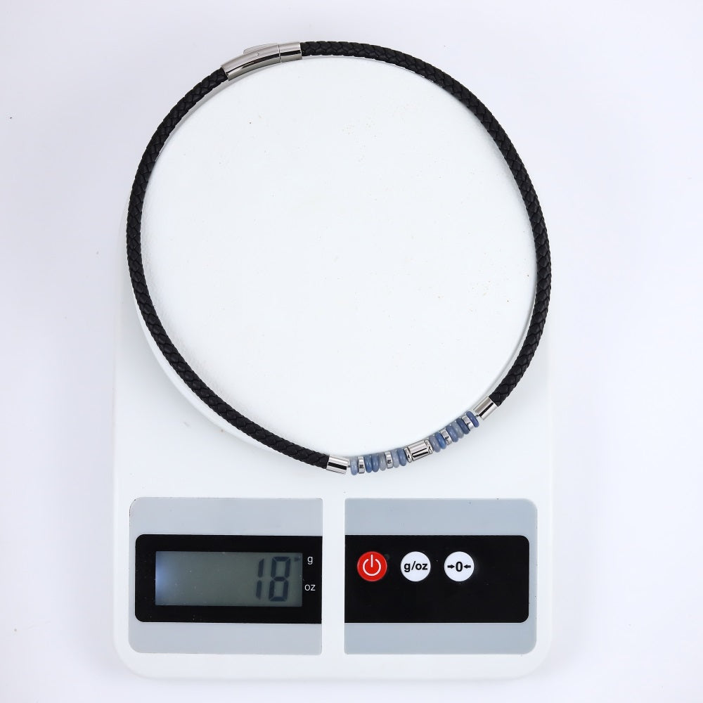 NSS1055 STAINLESS STEEL LEATHER NECKLACE WITH NATURAL BEAD & HEMATITE