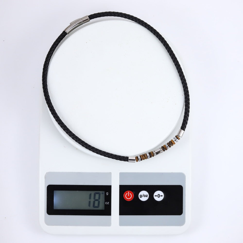 NSS1055 STAINLESS STEEL LEATHER NECKLACE WITH NATURAL BEAD & HEMATITE