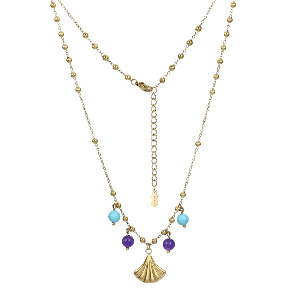 NSS1076 STAINLESS STEEL NECKLACE WITH LEAF CHARM AND BEADS