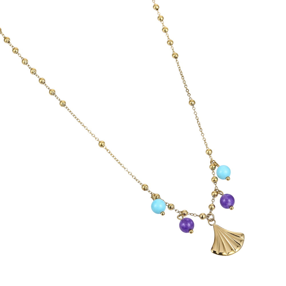 NSS1076 STAINLESS STEEL NECKLACE WITH LEAF CHARM AND BEADS