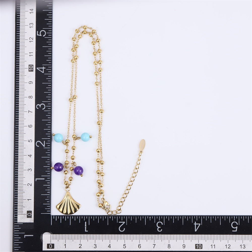 NSS1076 STAINLESS STEEL NECKLACE WITH LEAF CHARM AND BEADS