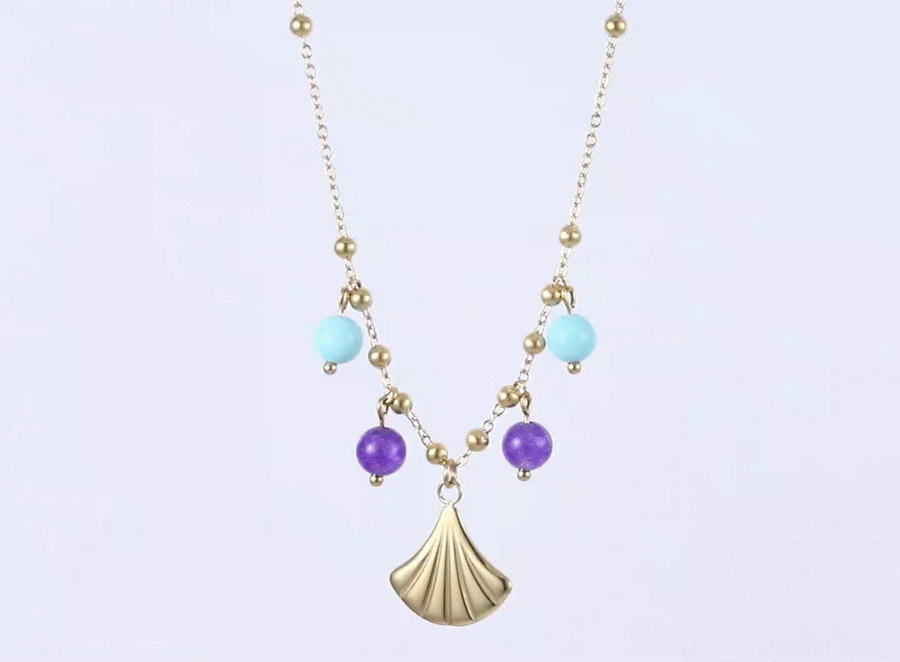 NSS1076 STAINLESS STEEL NECKLACE WITH LEAF CHARM AND BEADS