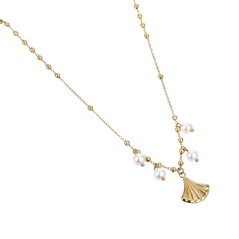 NSS1076 STAINLESS STEEL NECKLACE WITH LEAF CHARM AND BEADS
