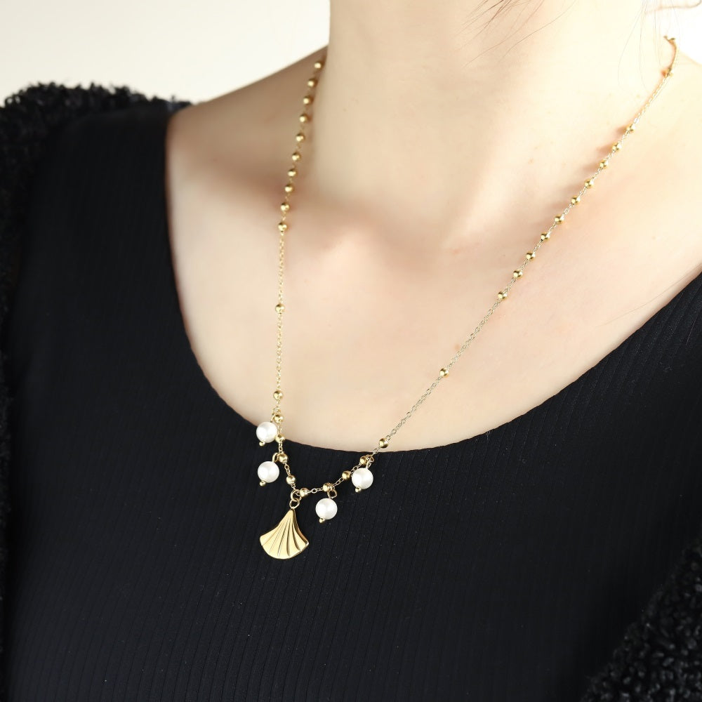 NSS1076 STAINLESS STEEL NECKLACE WITH LEAF CHARM AND BEADS