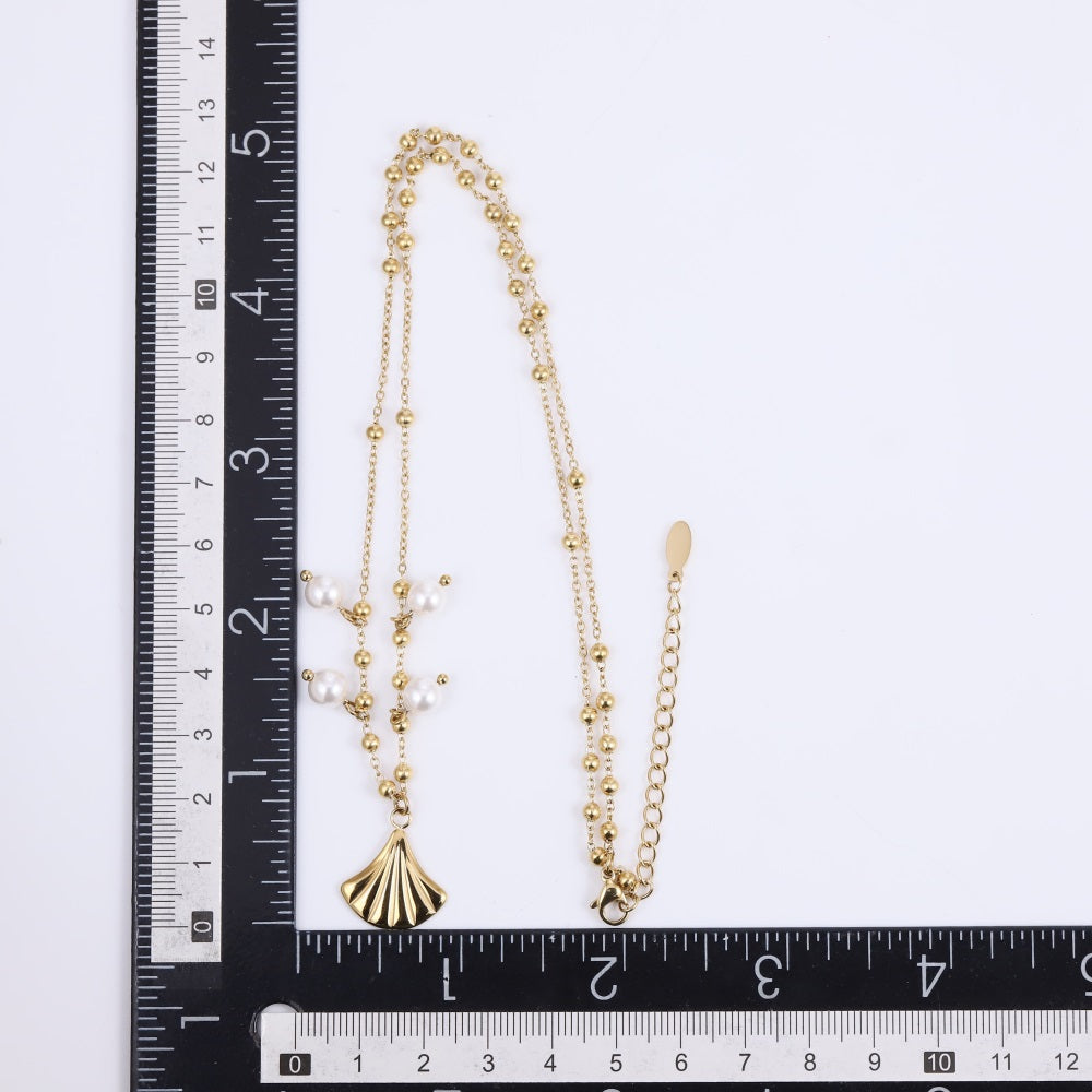 NSS1076 STAINLESS STEEL NECKLACE WITH LEAF CHARM AND BEADS