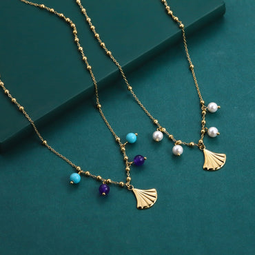 NSS1076 STAINLESS STEEL NECKLACE WITH LEAF CHARM AND BEADS