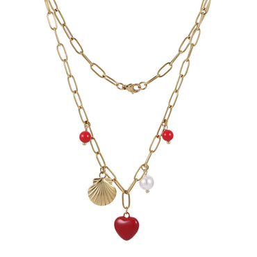 NSS1078 STAINLESS STEEL NECKLACE WITH SHELL&HEART CHARM AND BEADS