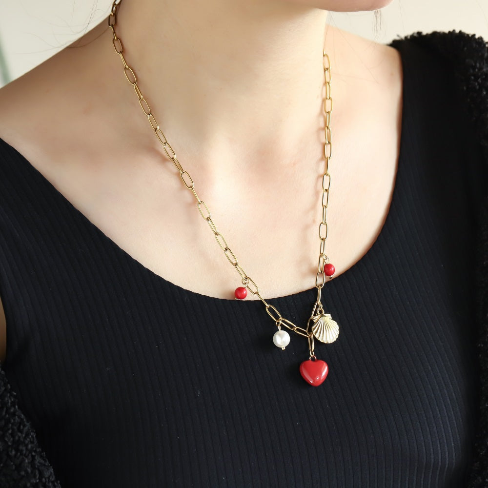 NSS1078 STAINLESS STEEL NECKLACE WITH SHELL&HEART CHARM AND BEADS