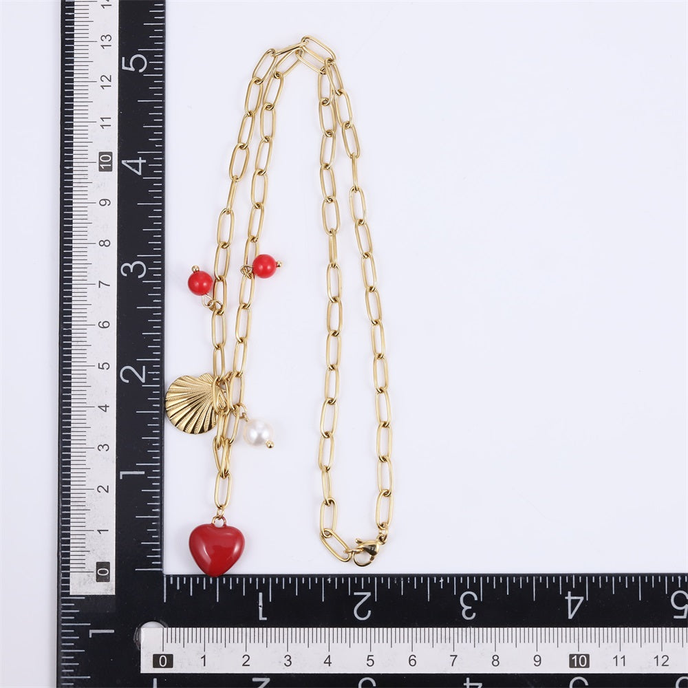 NSS1078 STAINLESS STEEL NECKLACE WITH SHELL&HEART CHARM AND BEADS