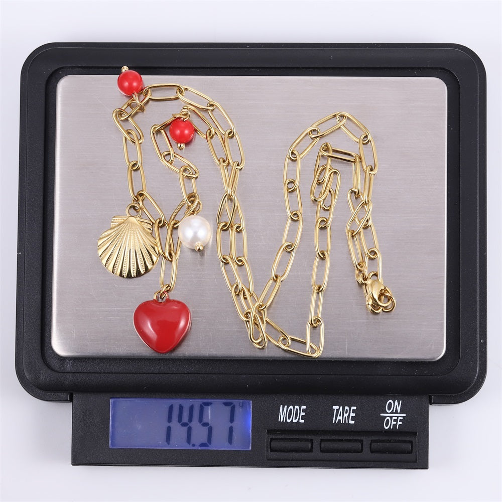 NSS1078 STAINLESS STEEL NECKLACE WITH SHELL&HEART CHARM AND BEADS