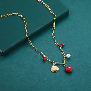 NSS1078 STAINLESS STEEL NECKLACE WITH SHELL&HEART CHARM AND BEADS