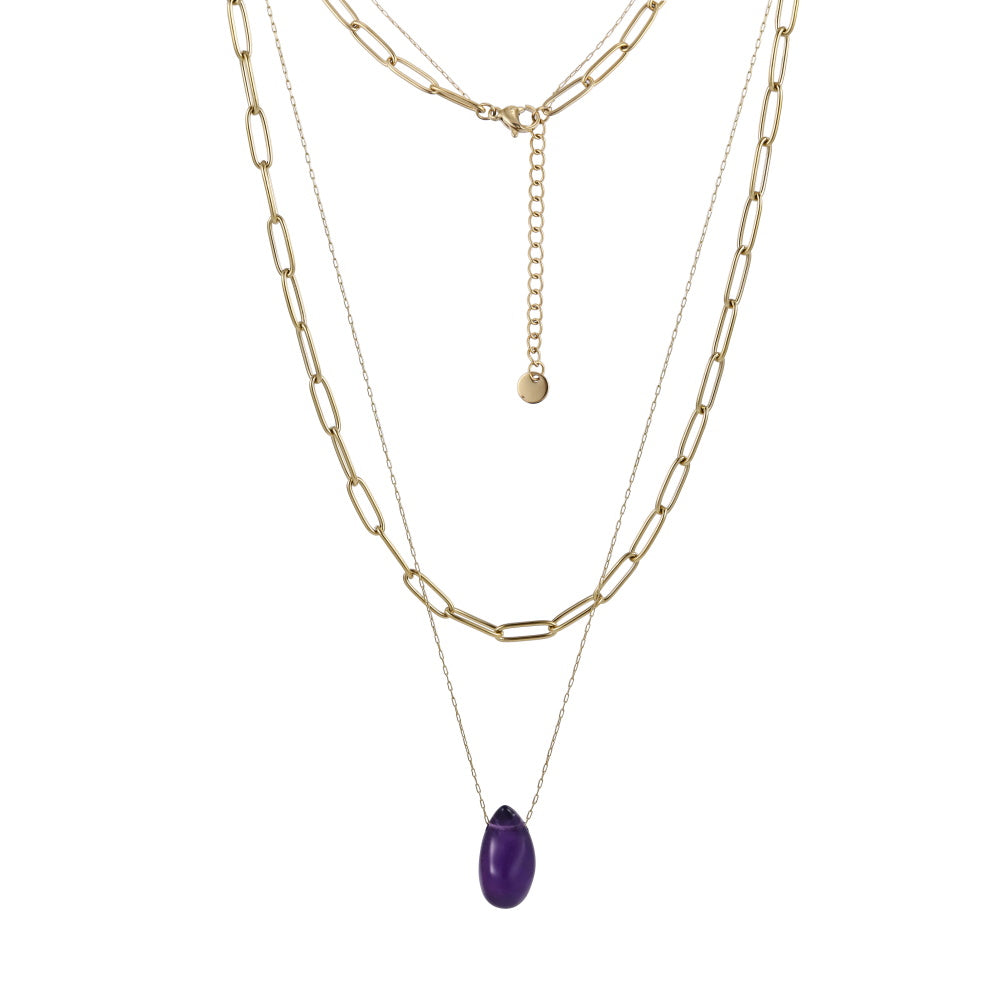 NSS1081 STAINLESS STEEL MULTI CHAIN NECKLACE WITH NATURAL STONE