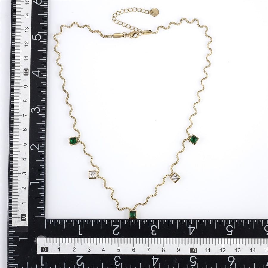 NSS1105 STAINLESS STEEL WAVY CHAIN NECKLACE WITH SQUARE CHARM