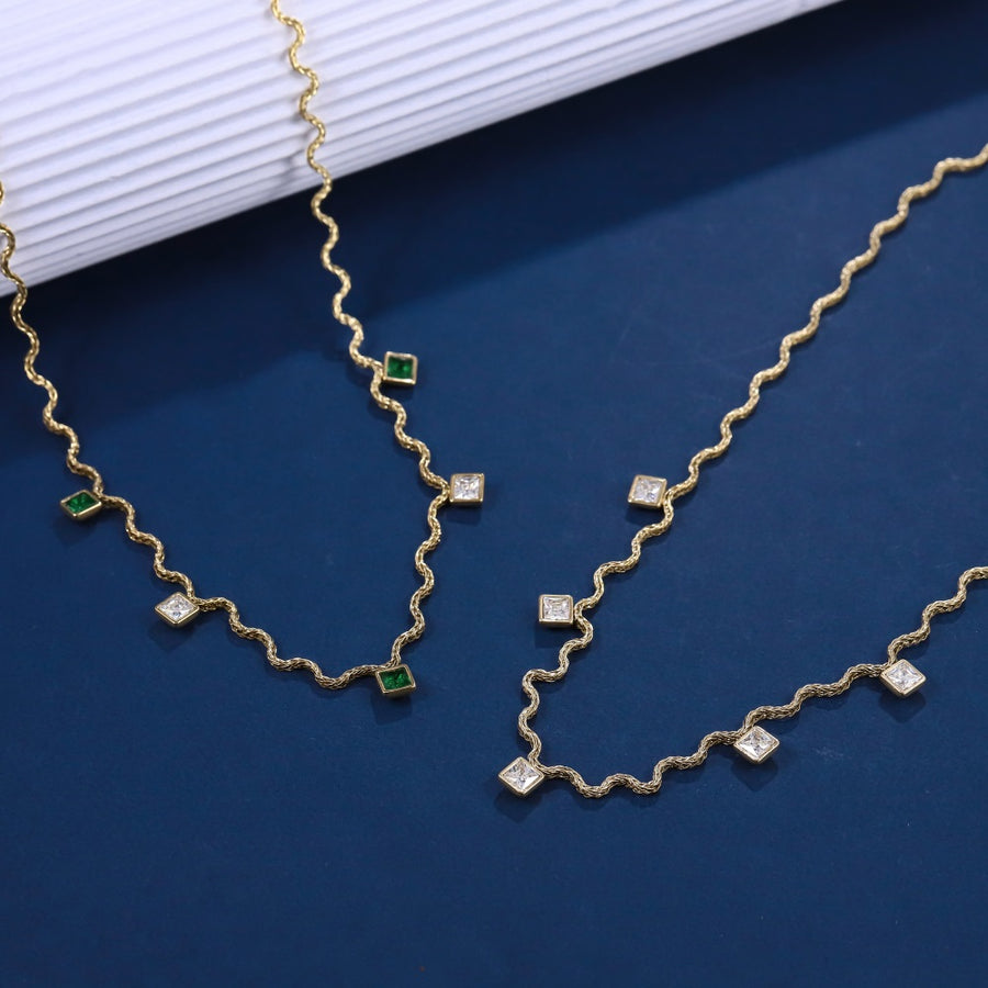 NSS1105 STAINLESS STEEL WAVY CHAIN NECKLACE WITH SQUARE CHARM