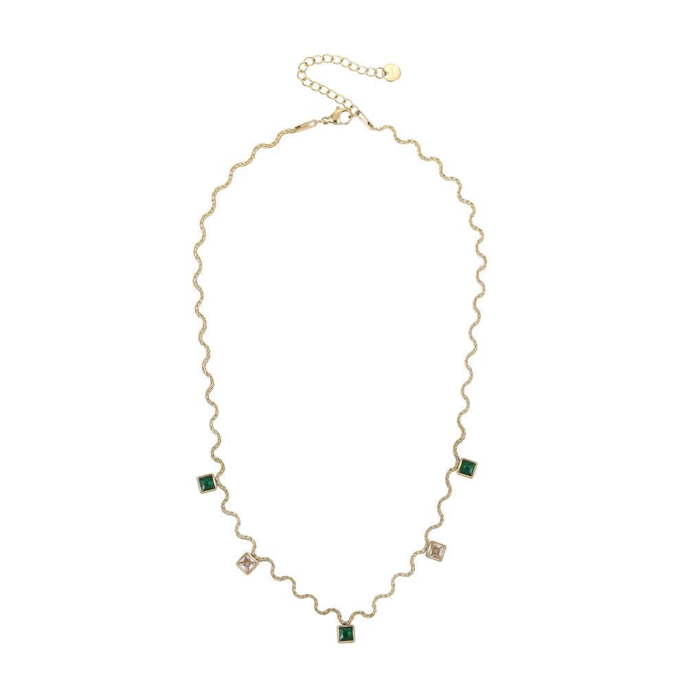 NSS1105 STAINLESS STEEL WAVY CHAIN NECKLACE WITH SQUARE CHARM