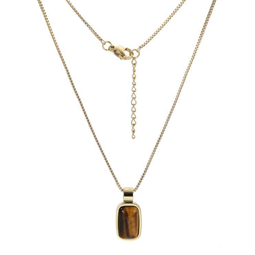 AAB Co stainless steel necklace with rectangle yellow tiger eye stone pendant in 14K gold finish