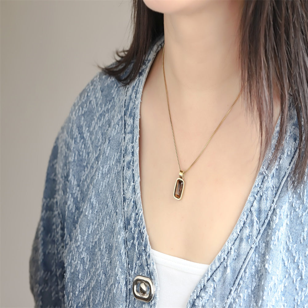 NSS1140 STAINLESS STEEL NECKLACE WITH NATURAL RECTANGLE STONE