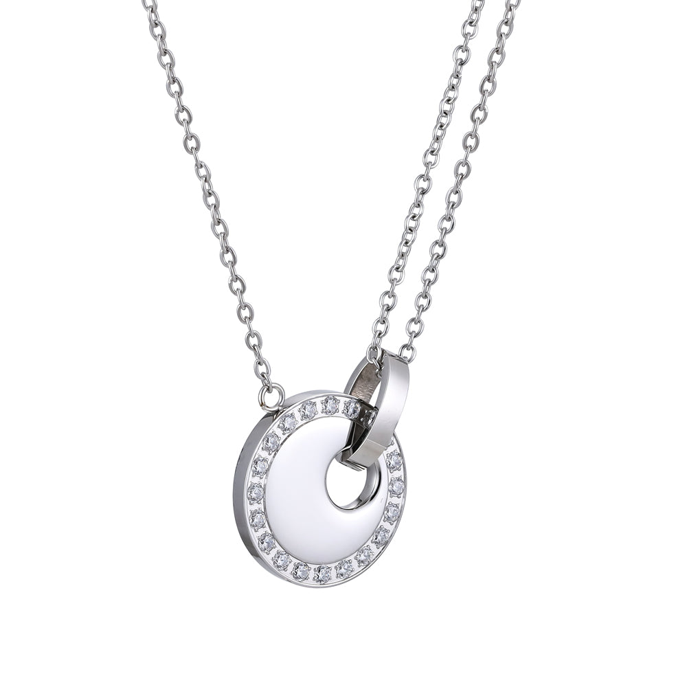 NSS889 STAINLESS STEEL NECKLACE WITH CZ (ROUND PENDANT) AAB CO..