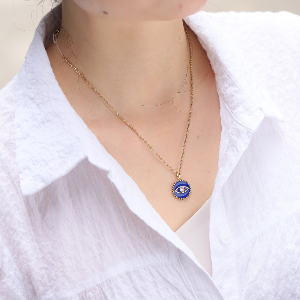 PSS1235 STAINLESS STEEL ROUND PENDANT WITH EVIL EYE DESIGN AAB CO..
