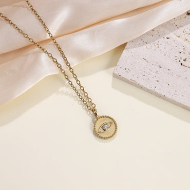 PSS1235 STAINLESS STEEL ROUND PENDANT WITH EVIL EYE DESIGN