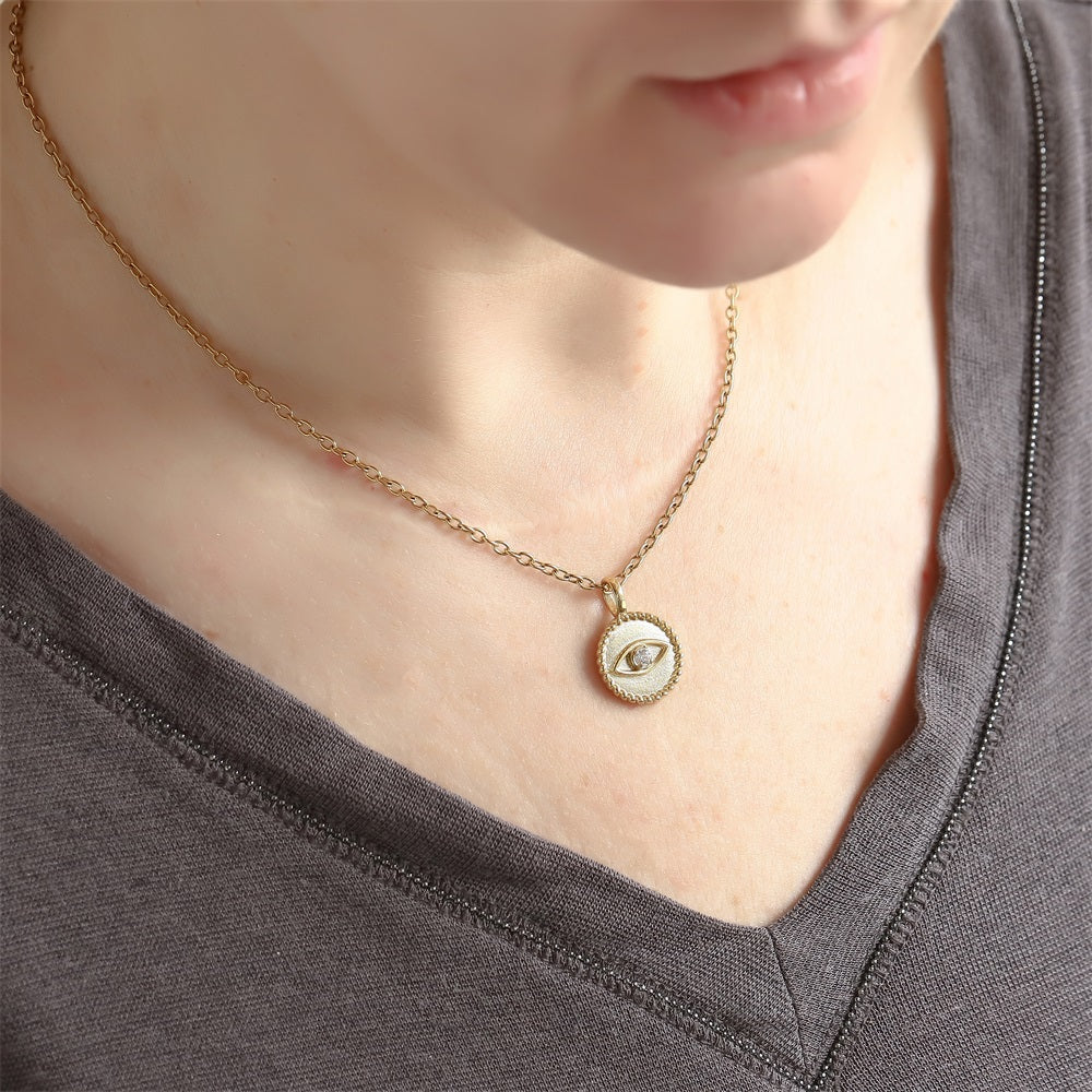 PSS1235 STAINLESS STEEL ROUND PENDANT WITH EVIL EYE DESIGN