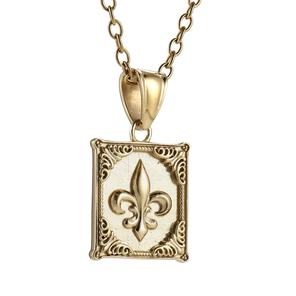 AAB Co. Gold Stainless Steel Lily Pendant – Fleur-de-Lis Rectangular Design