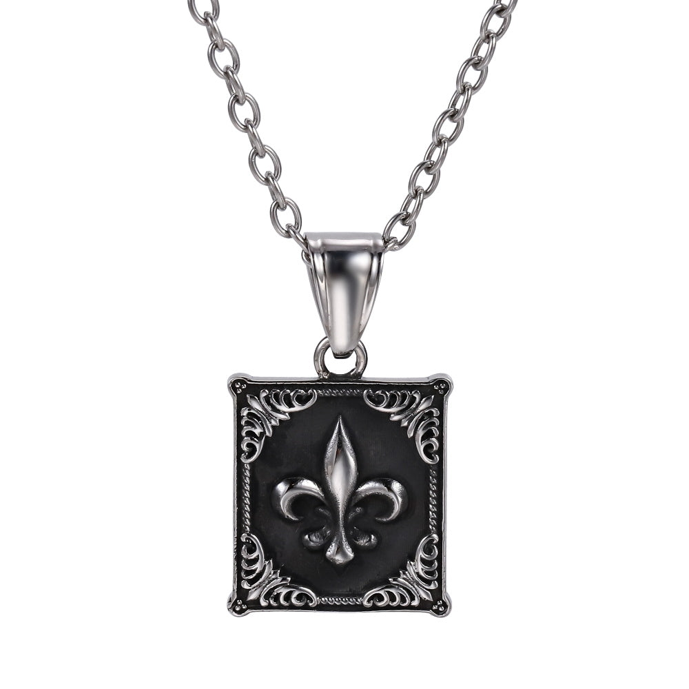 AAB Co. Black Stainless Steel Lily Pendant – Fleur-de-Lis Rectangular Design