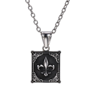 AAB Co. Black Stainless Steel Lily Pendant – Fleur-de-Lis Rectangular Design