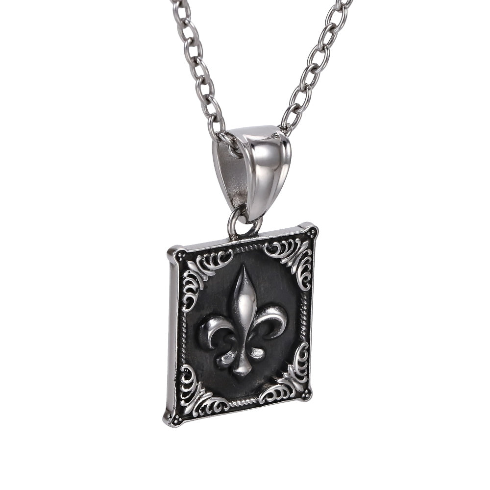 AAB Co. Black Stainless Steel Lily Pendant – Fleur-de-Lis Rectangular Design