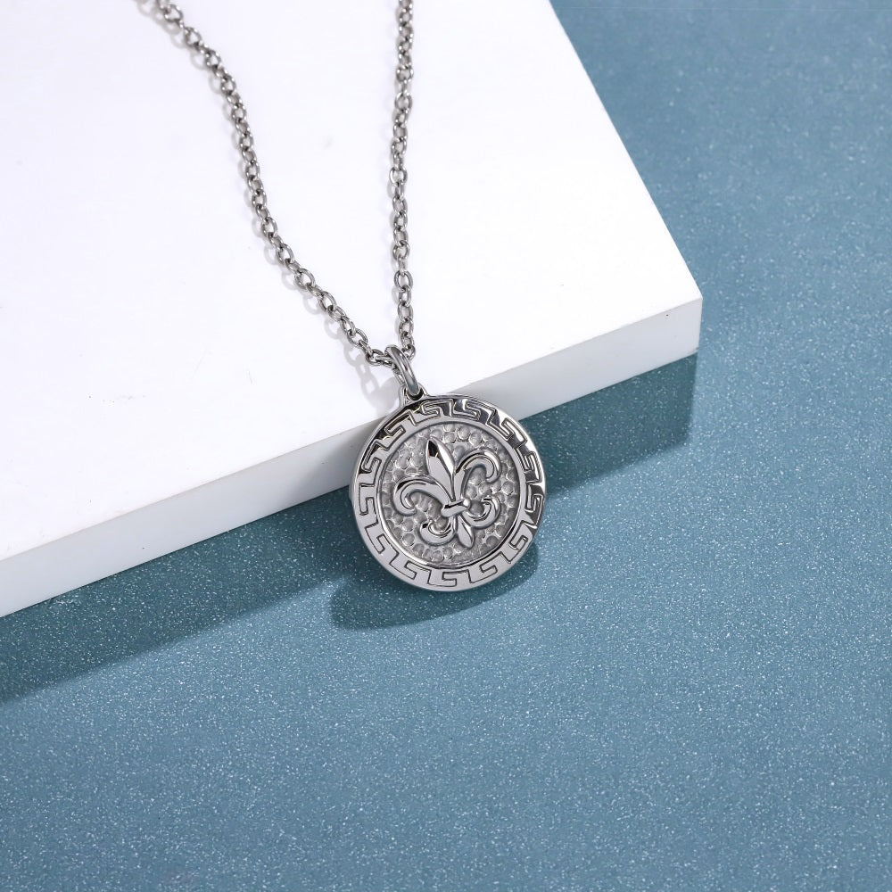 PSS1377 STAINLESS STEEL ROUND PENDANT WITH LILY