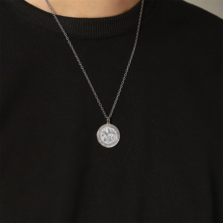 PSS1377 STAINLESS STEEL ROUND PENDANT WITH LILY