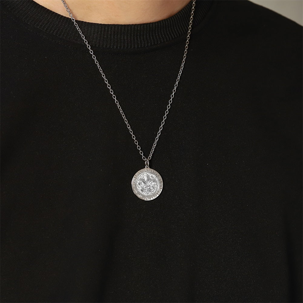PSS1377 STAINLESS STEEL ROUND PENDANT WITH LILY