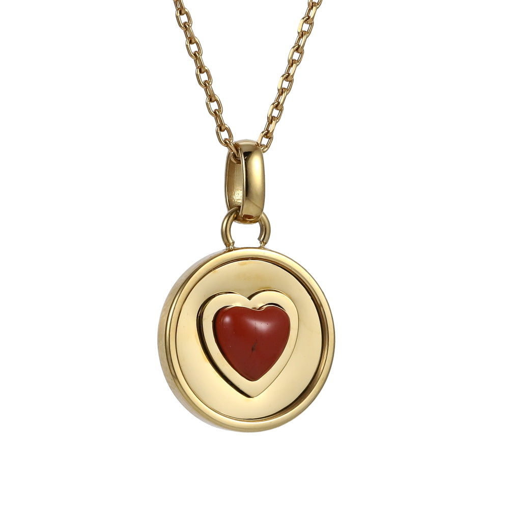 PSS1394 STAINLESS STEEL ROUND PENDANT WITH HEART NATURAL RED STONE