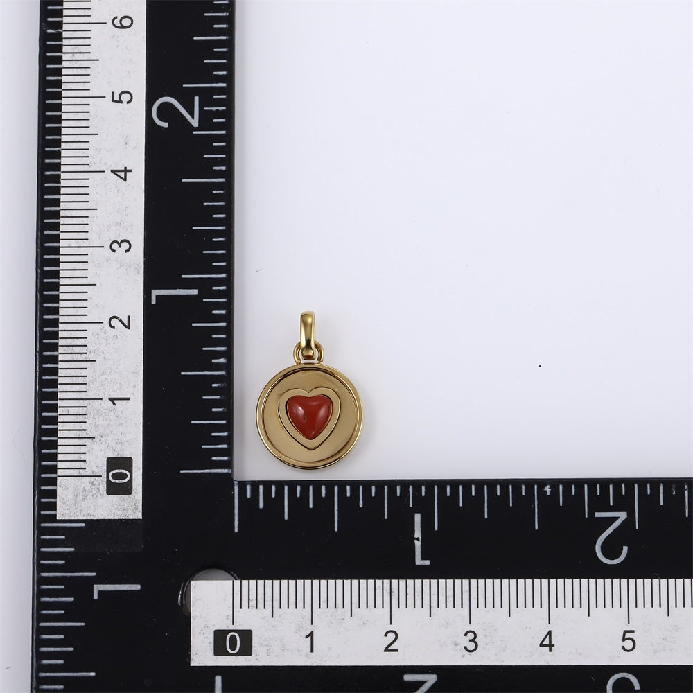 PSS1394 STAINLESS STEEL ROUND PENDANT WITH HEART NATURAL RED STONE