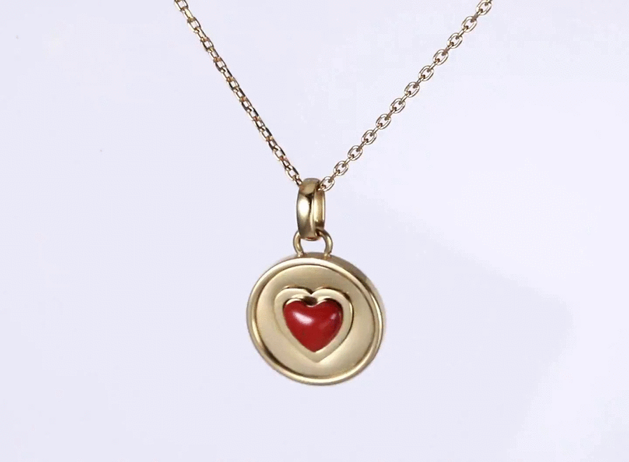 PSS1394 STAINLESS STEEL ROUND PENDANT WITH HEART NATURAL RED STONE