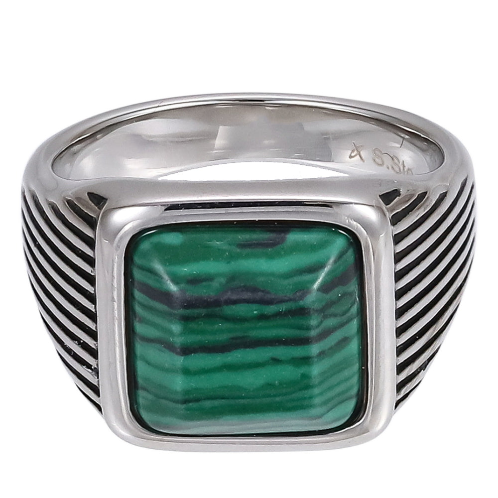 AAB Co. Stainless Steel Square Stone Ring – Synthetic Malachite