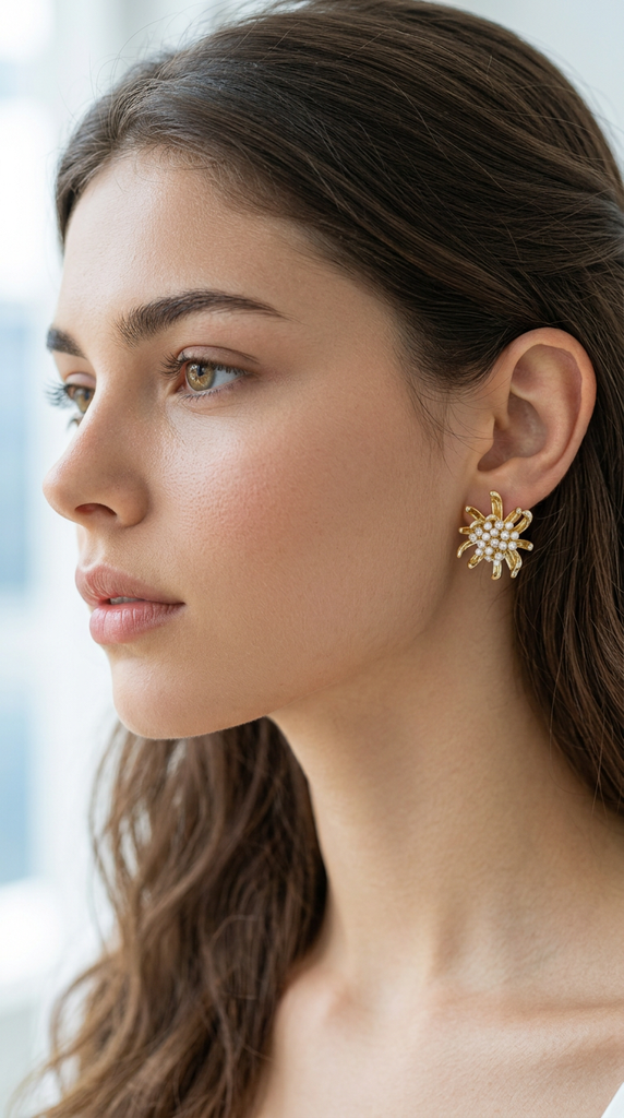 TES100 BASE METAL FLOWER EARRING WITH SYN PEARL & CZ
