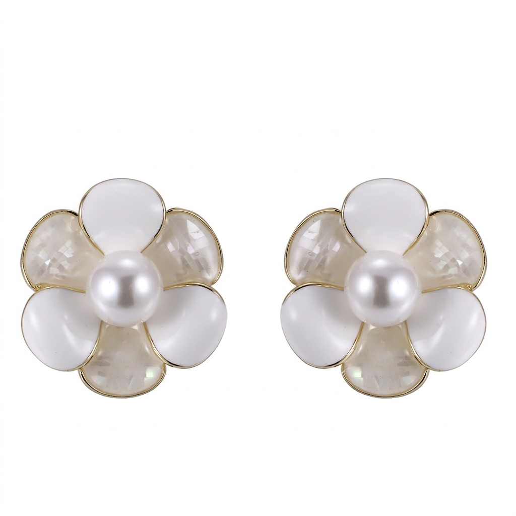 TES102 BASE METAL FLOWER EARRING WITH SYN PEARL&SHELL